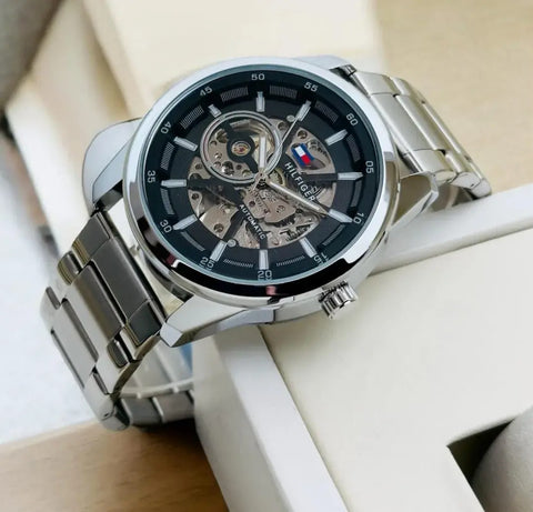 Tomm_y Hil_figer Automatic Watch – Stainless Steel Full Automatic Self Winding Machine Black Dial Watch